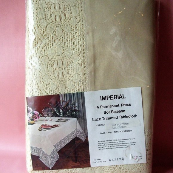 Imperial Lace Trimmed Tablecloth. 68 Inches by  122 Inches In Cream Color - Picture 3 of 3